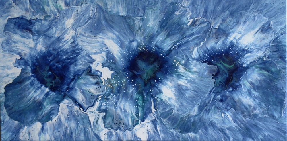 Abstract blue floral painting with a starry center