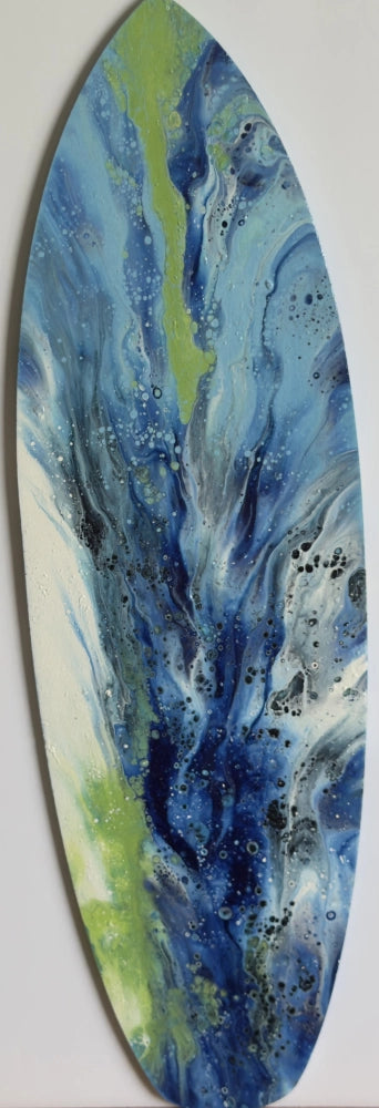 Abstract art piece with blue and green colors on a white background