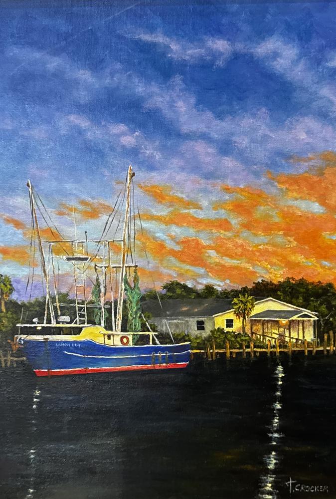 Shrimper At Dusk by Tom Crocker | Oil on Canvas | Art Box Gallery | St. Augustine, FL