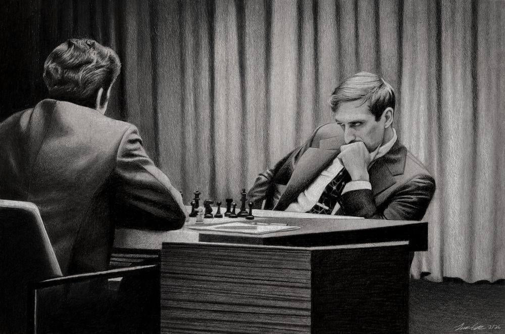 Fischer vs Spassky by Luke Cote | Charcoal on 100% Recycled Acid-Free Heavyweight Toned Paper | Art Box Gallery | St. Augustine, FL