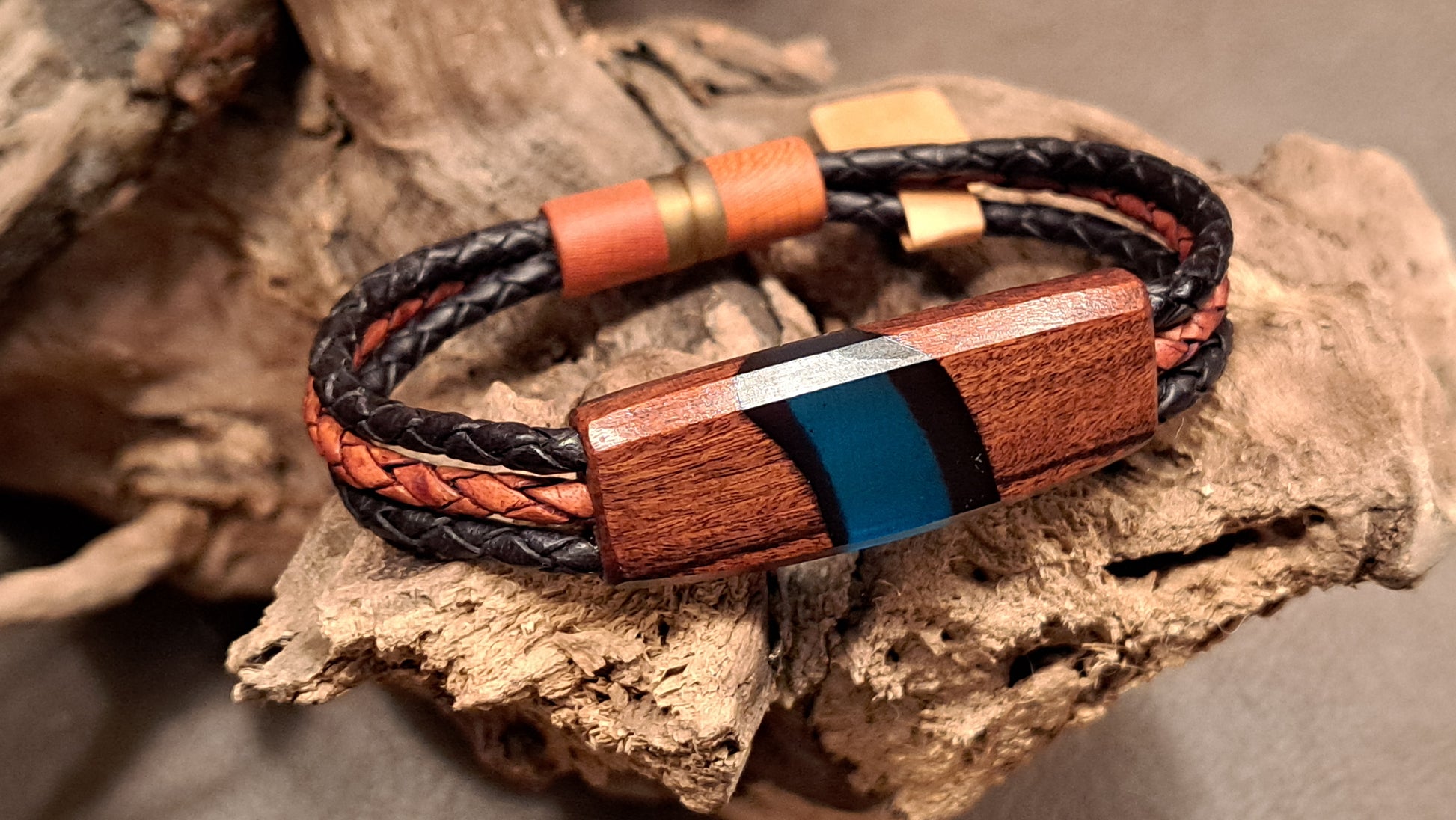 River Design (blue) Wood, Resin Leather Bracelet – Art Box