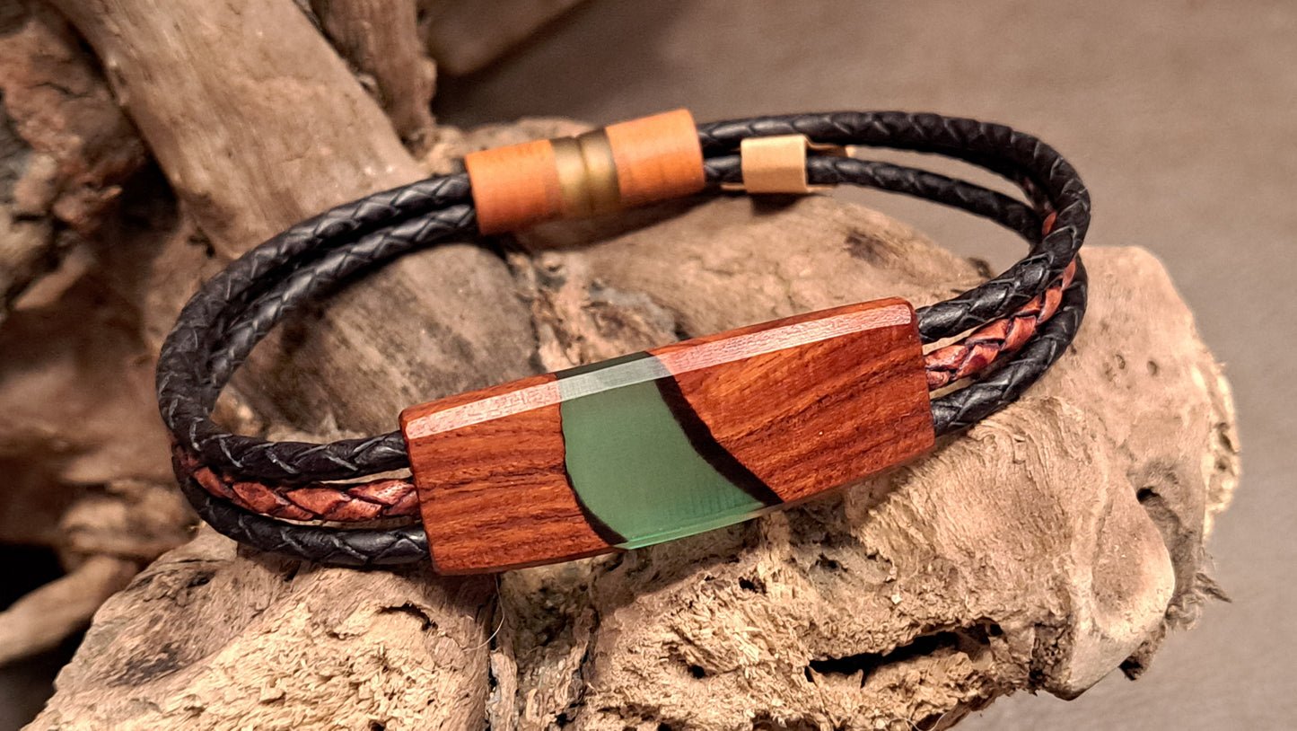 River Design (green) - Wood, Leather & Resin Bracelet - Jewelry - Norm LeBlanc - Art Box Gallery