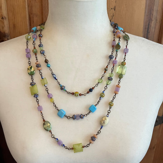 3 - tier upcycled glass bead necklace 18 - 20 on antique brass - Christine obrien - Art Box Gallery