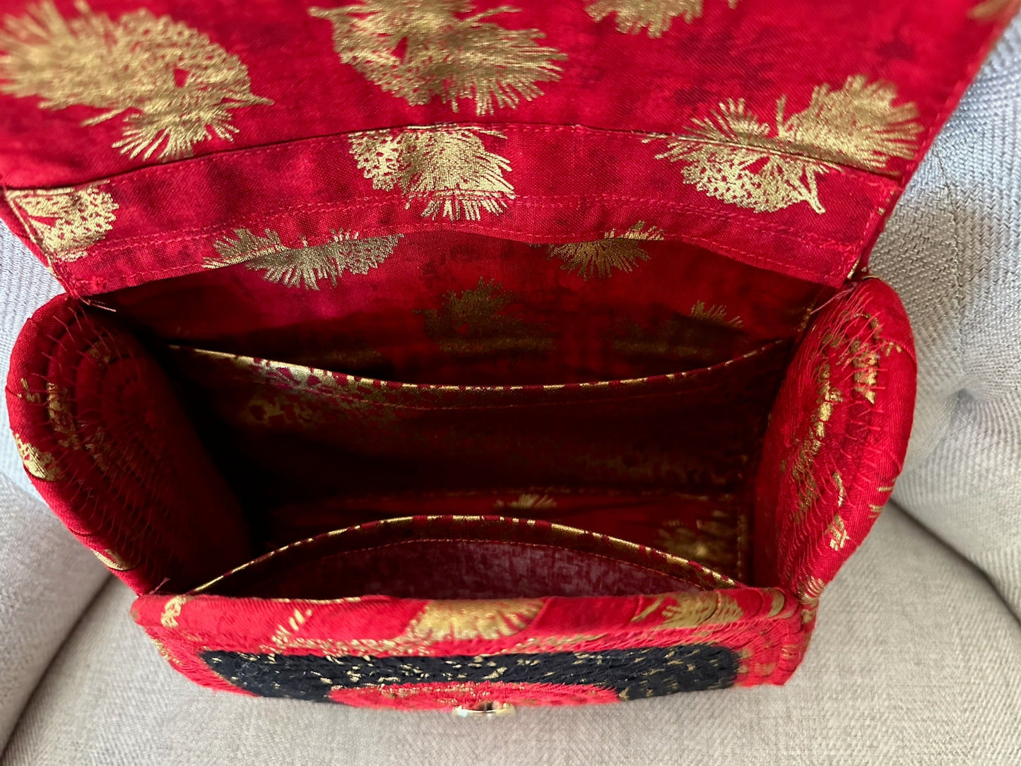 #520 Rolled Clutch Crossbody Bag Red, Black & Gold - Janice Rossignol - Art Box Gallery