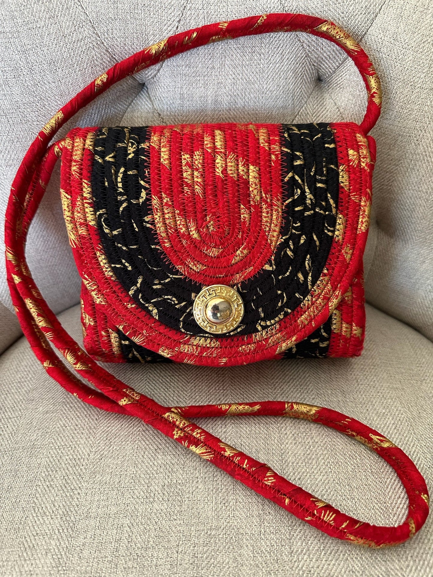 #520 Rolled Clutch Crossbody Bag Red, Black & Gold - Janice Rossignol - Art Box Gallery