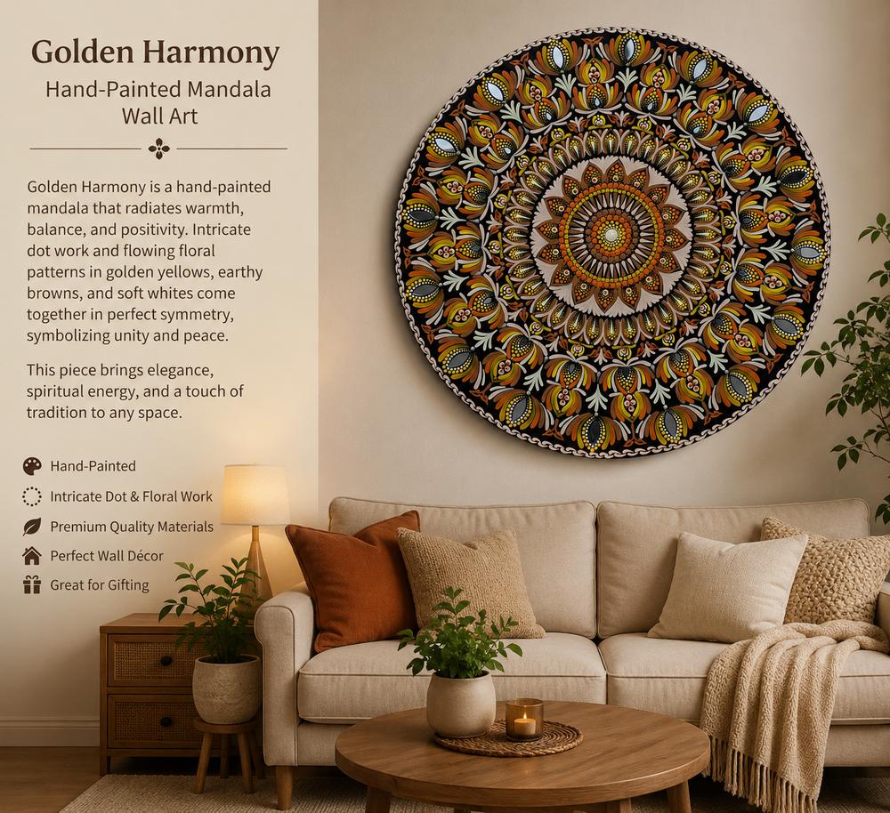 Golden Harmony Hand Painted Mandala Wall Art by Subashree Sivaprakasam | Dot Mandala on MDF Wood  | Art Box Gallery | St. Augustine, FL
