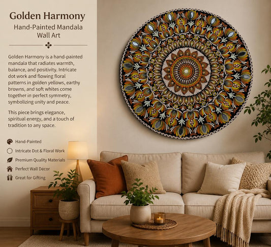 Golden Harmony Hand Painted Mandala Wall Art by Subashree Sivaprakasam | Dot Mandala on MDF Wood  | Art Box Gallery | St. Augustine, FL