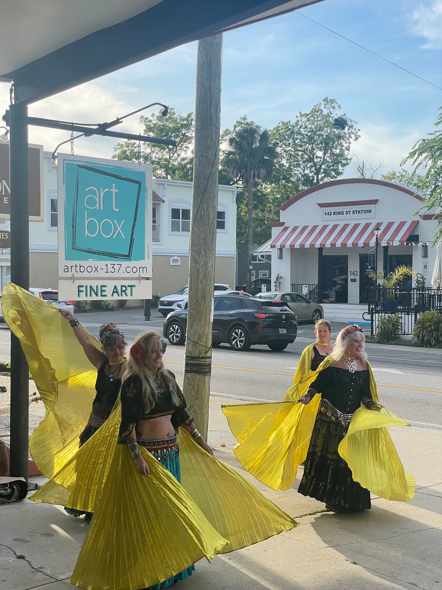 Pirate gypsy dancers dancing in front of the Art Box Gallery. 