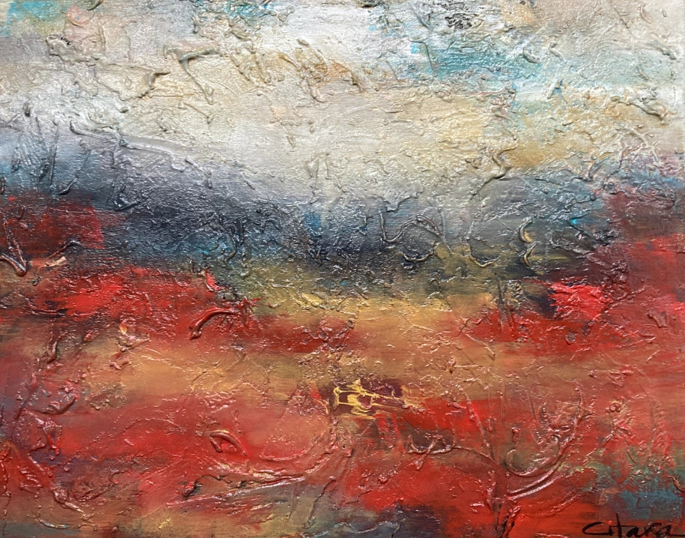 Abstract painting with a mix of red, blue, and beige colors.