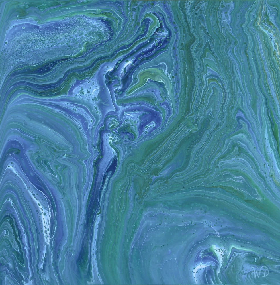 Abstract artwork with swirling blue and green patterns