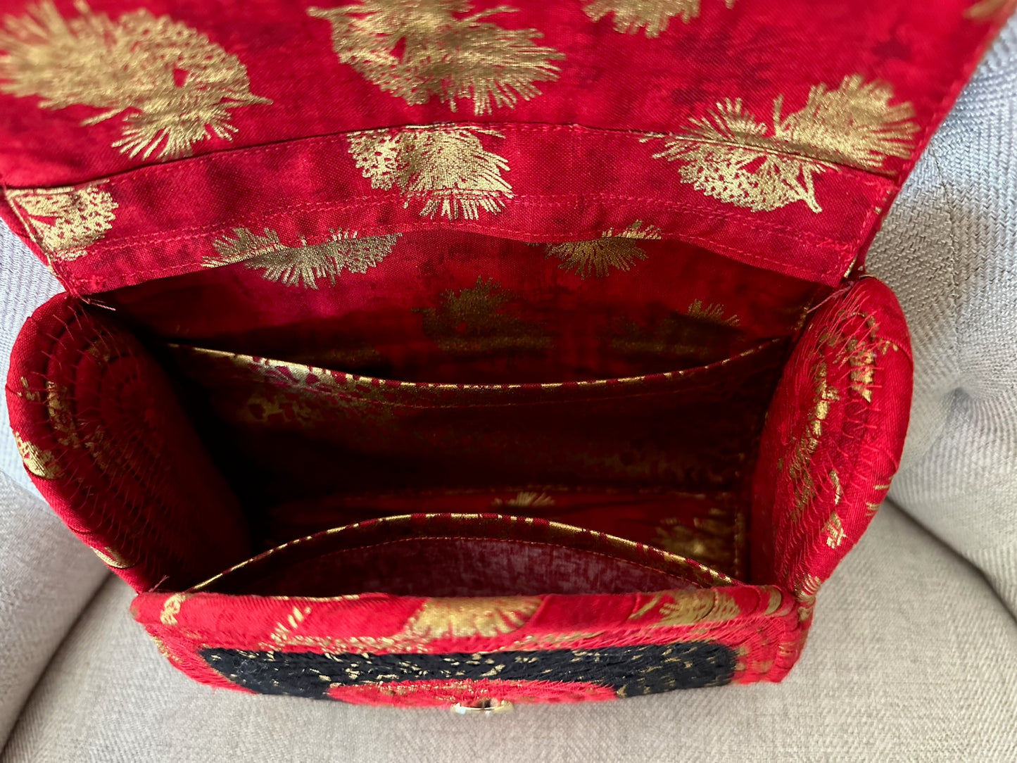 #520 Rolled Clutch Crossbody Bag Red, Black & Gold - Other - Janice Rossignol - Art Box Gallery