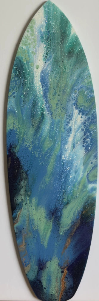 Abstract art piece with swirling blue and green patterns on a white background