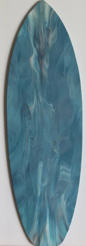 Oval-shaped painting with blue and gray abstract patterns on a white background