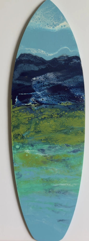 Abstract art piece with blue, green, and black colors on a white background