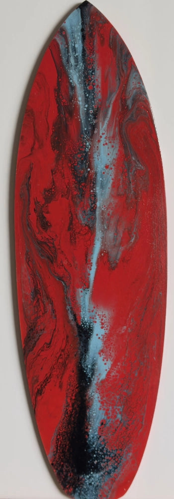 Red, black, and blue abstract art on a white background