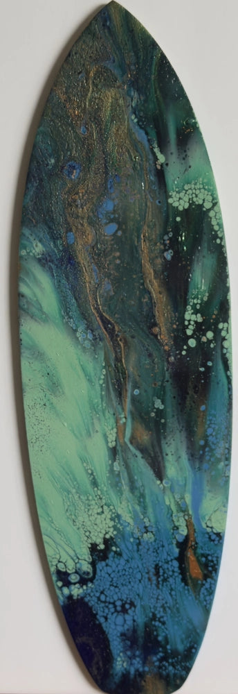 Abstract oval painting with green, blue, and gold colors on a white background