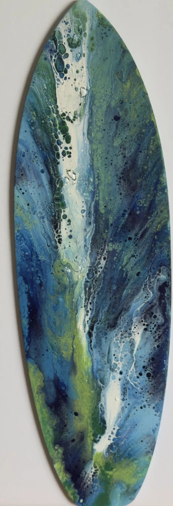 Abstract oval painting with blue, green, and white colors on a white background