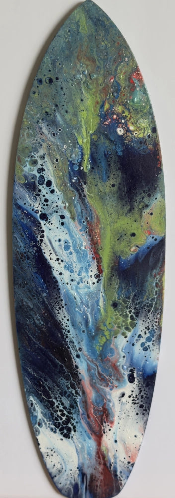 Abstract art piece with swirling colors on a white background