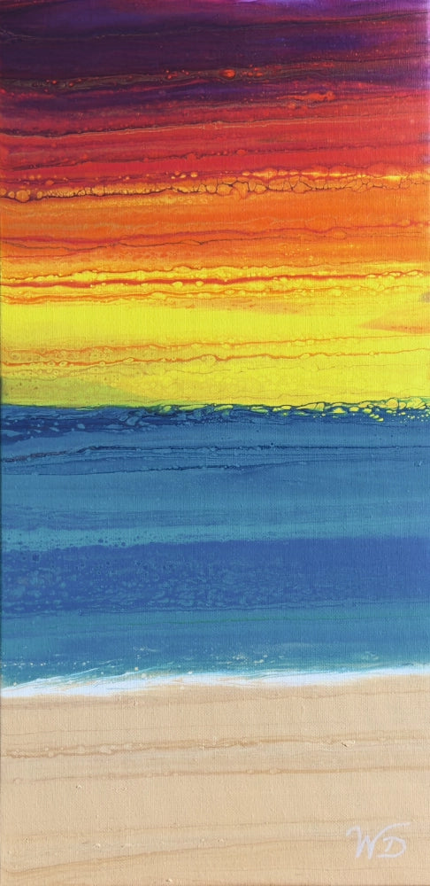 Colorful abstract painting with horizontal stripes of red, orange, yellow, and blue, transitioning to a sandy beach at the bottom.