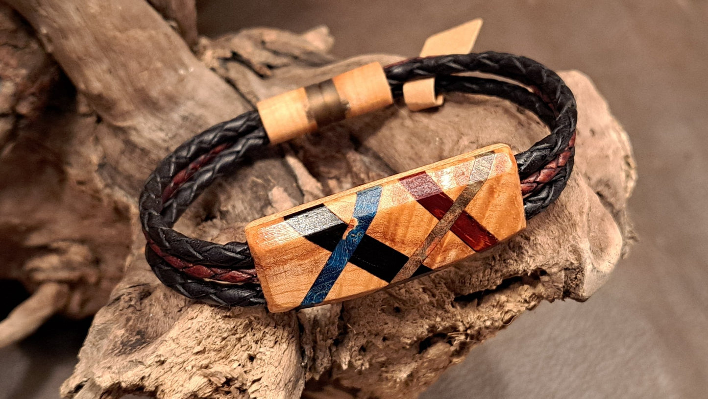 Abstract Design - Wood & Leather Bracelet - Norm LeBlanc - Art Box Gallery