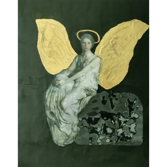 Angelic figure with golden wings seated on a dark, abstract form.