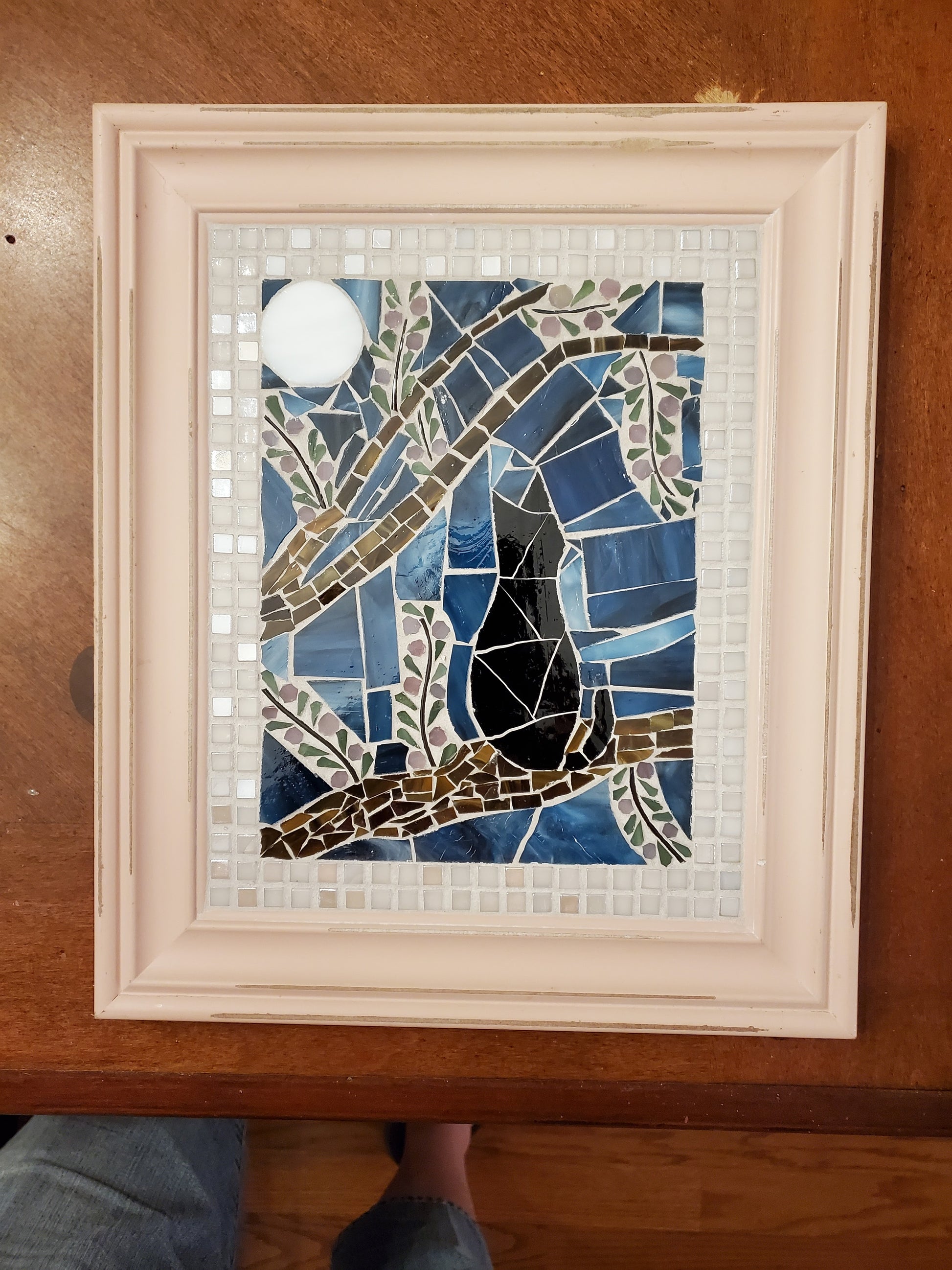 Art Box Gallery Black Cat Looking at Moon Susan Pilgrim Glass Mosaic Susan Pilgrim