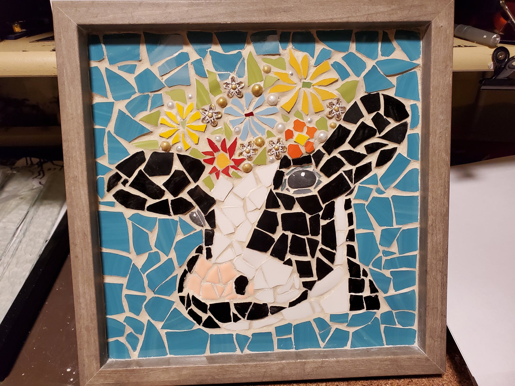 Art Box Gallery Black and White Cow with Flowers Susan Pilgrim Glass Mosaic Susan Pilgrim