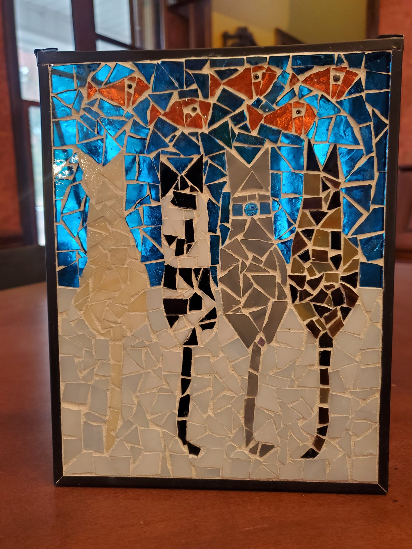 Art Box Gallery Four Cats Watching Goldfish Susan Pilgrim Glass Mosaic Susan Pilgrim