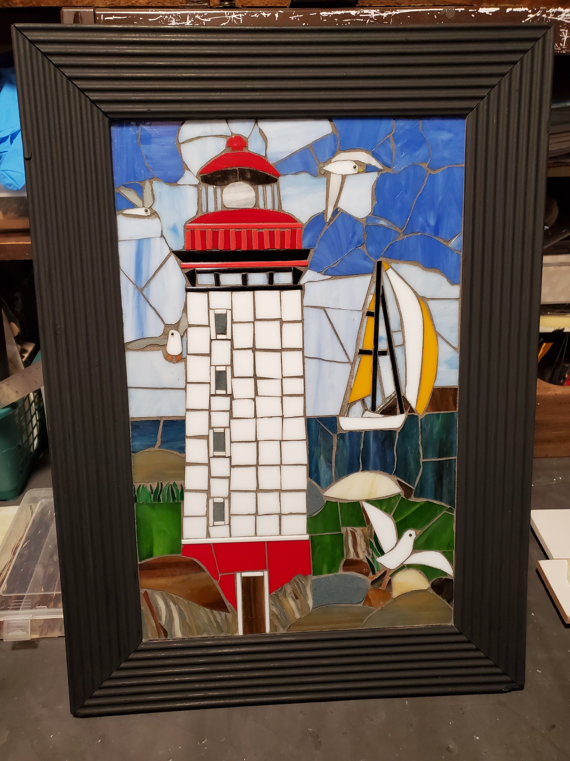 Art Box Gallery Red and White Lighthouse Susan Pilgrim Glass Mosaic Susan Pilgrim