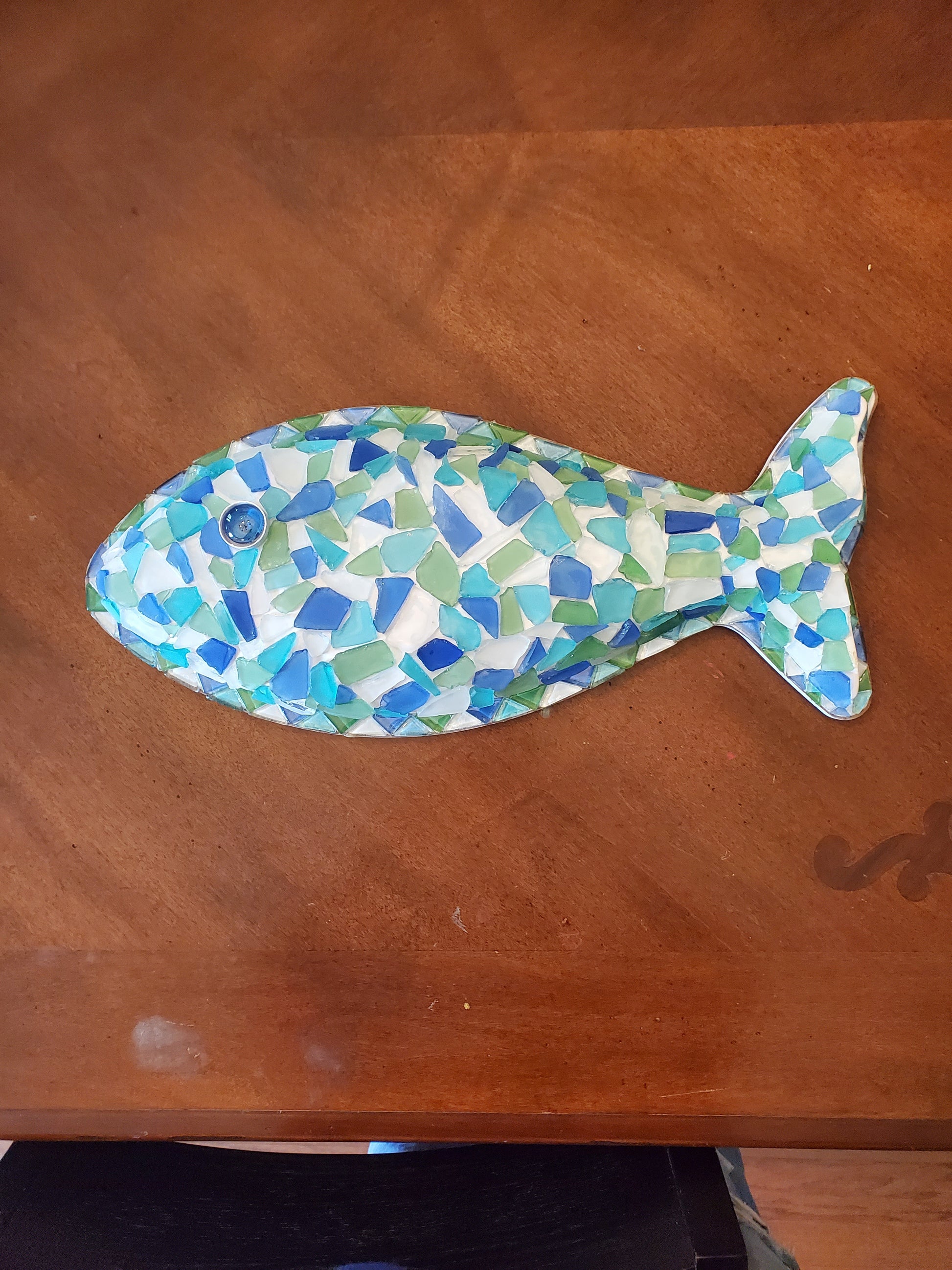 Art Box Gallery Sea Glass on Fish Form Susan Pilgrim Glass Mosaic Susan Pilgrim