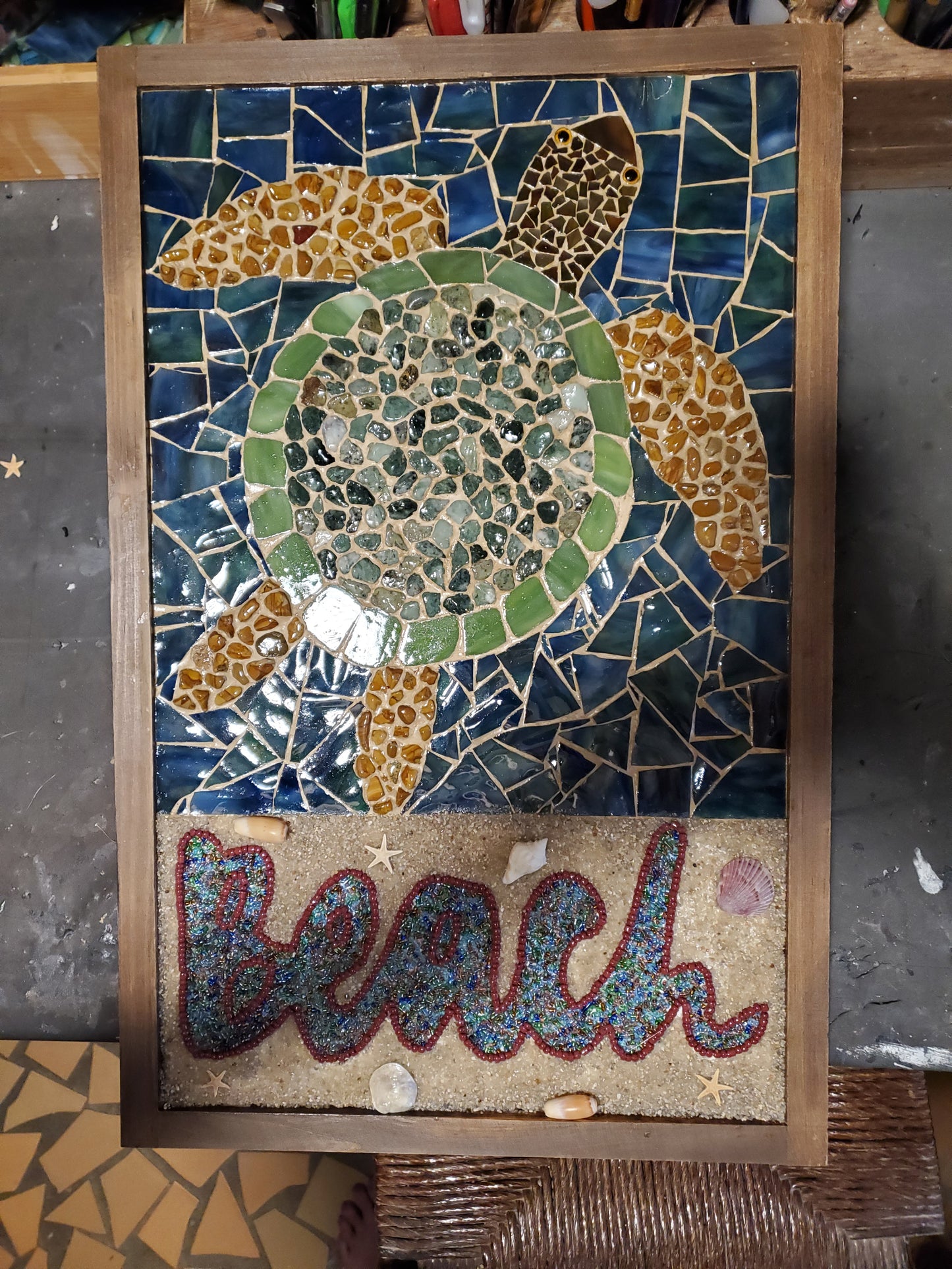 Art Box Gallery Sea Turtle in Ocean and BEACH Susan Pilgrim Glass Mosaic Susan Pilgrim