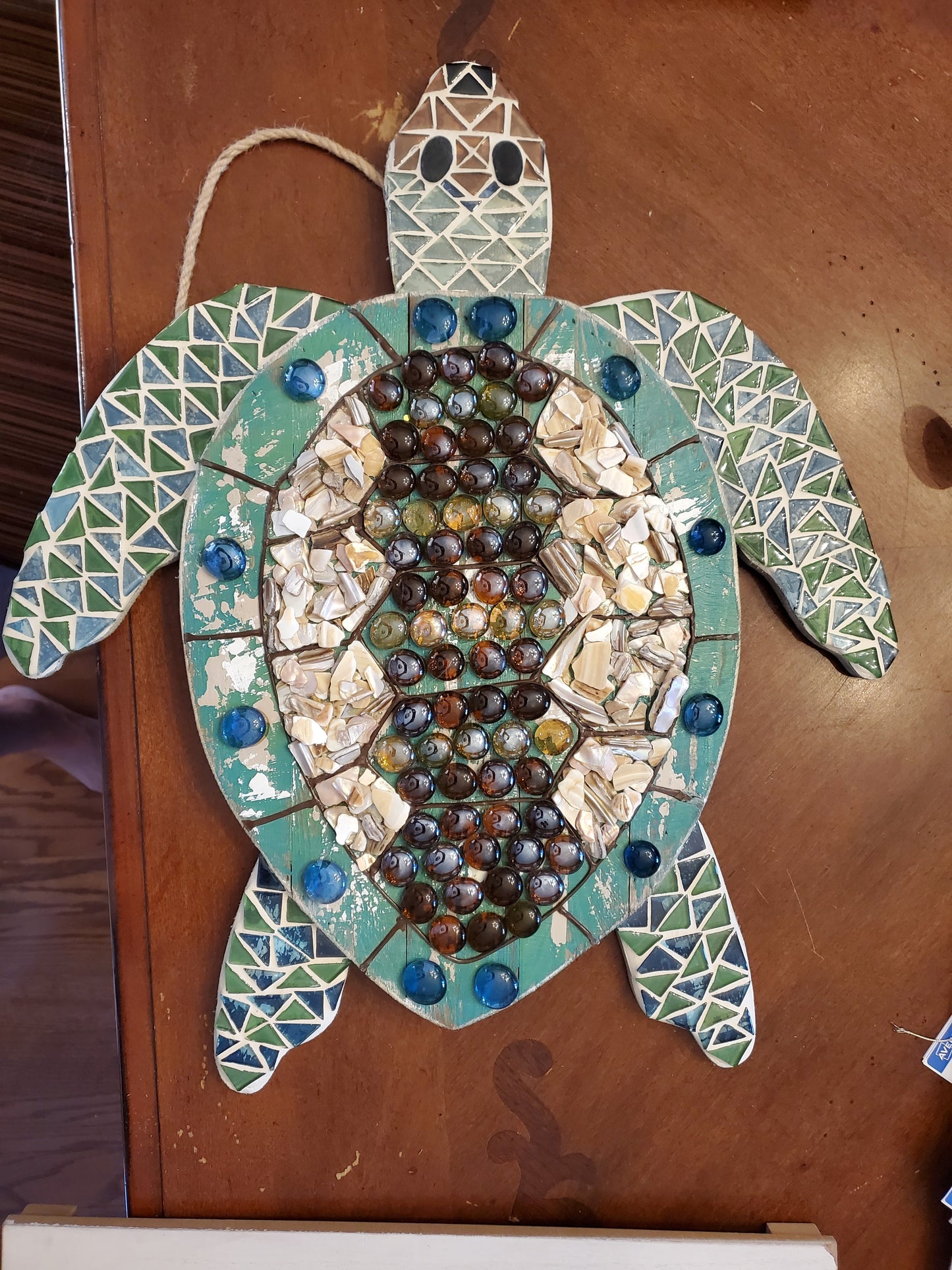 Art Box Gallery Large Turtle Cutout with Rope Hanging Susan Pilgrim Glass Mosaic Susan Pilgrim